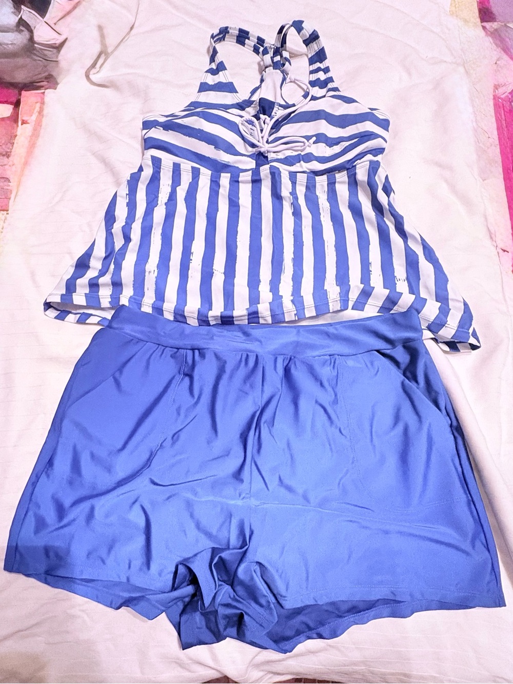 Blue Striped Tankini Coverup Top with Solid Blue Swim Shorts